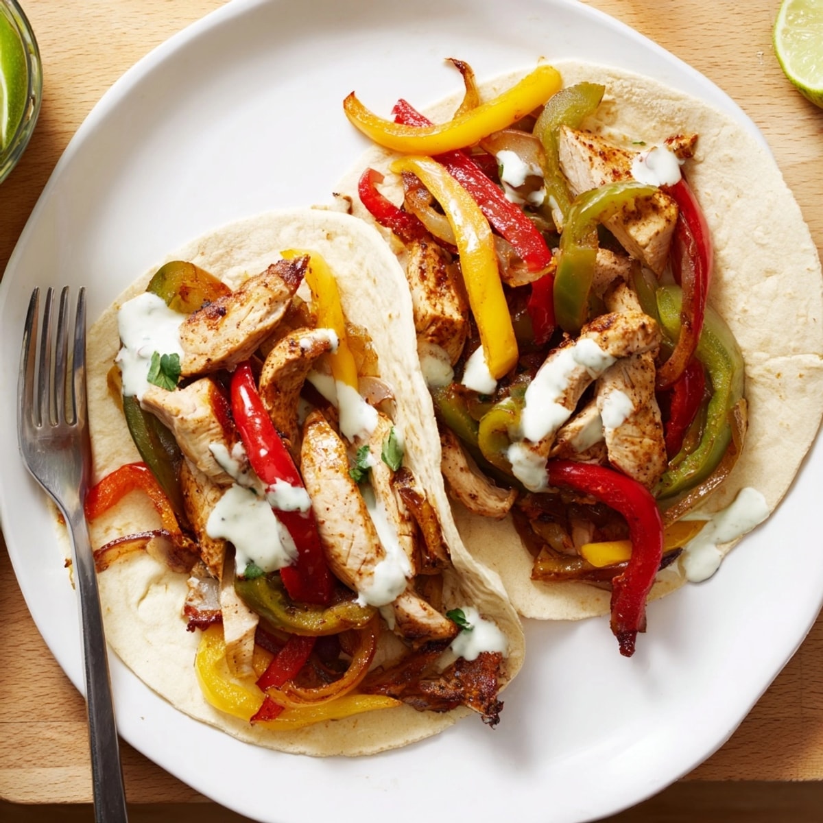Savory Chicken Fajitas with Lime Crema sizzling in a skillet, ready to be devoured.