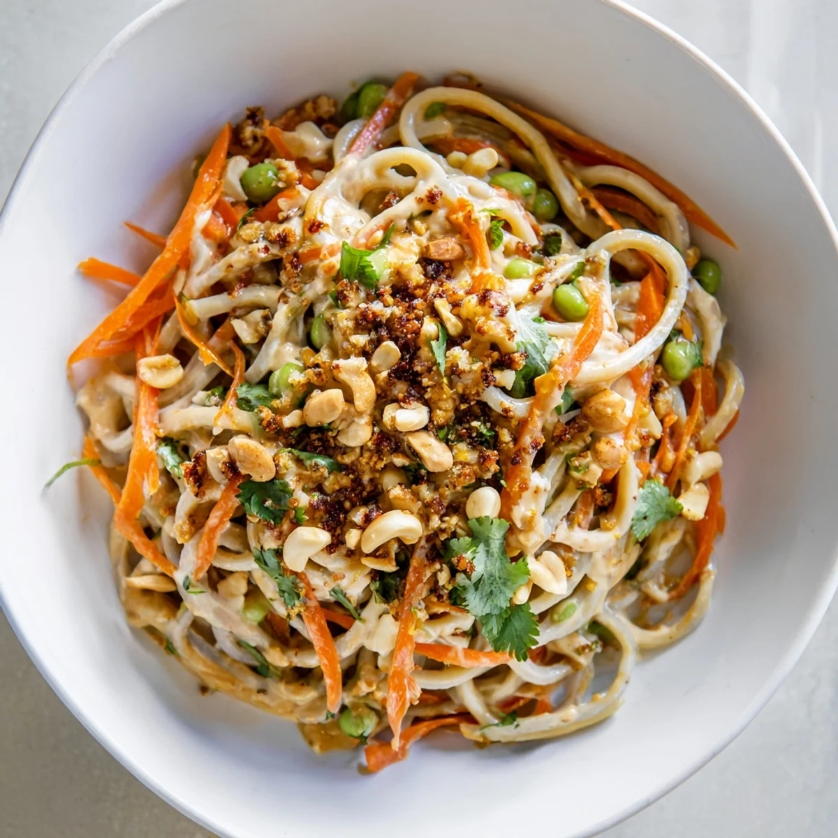 Vibrant close-up of Spicy Peanut Noodle Salad, showing colorful veggies and creamy peanut dressing.