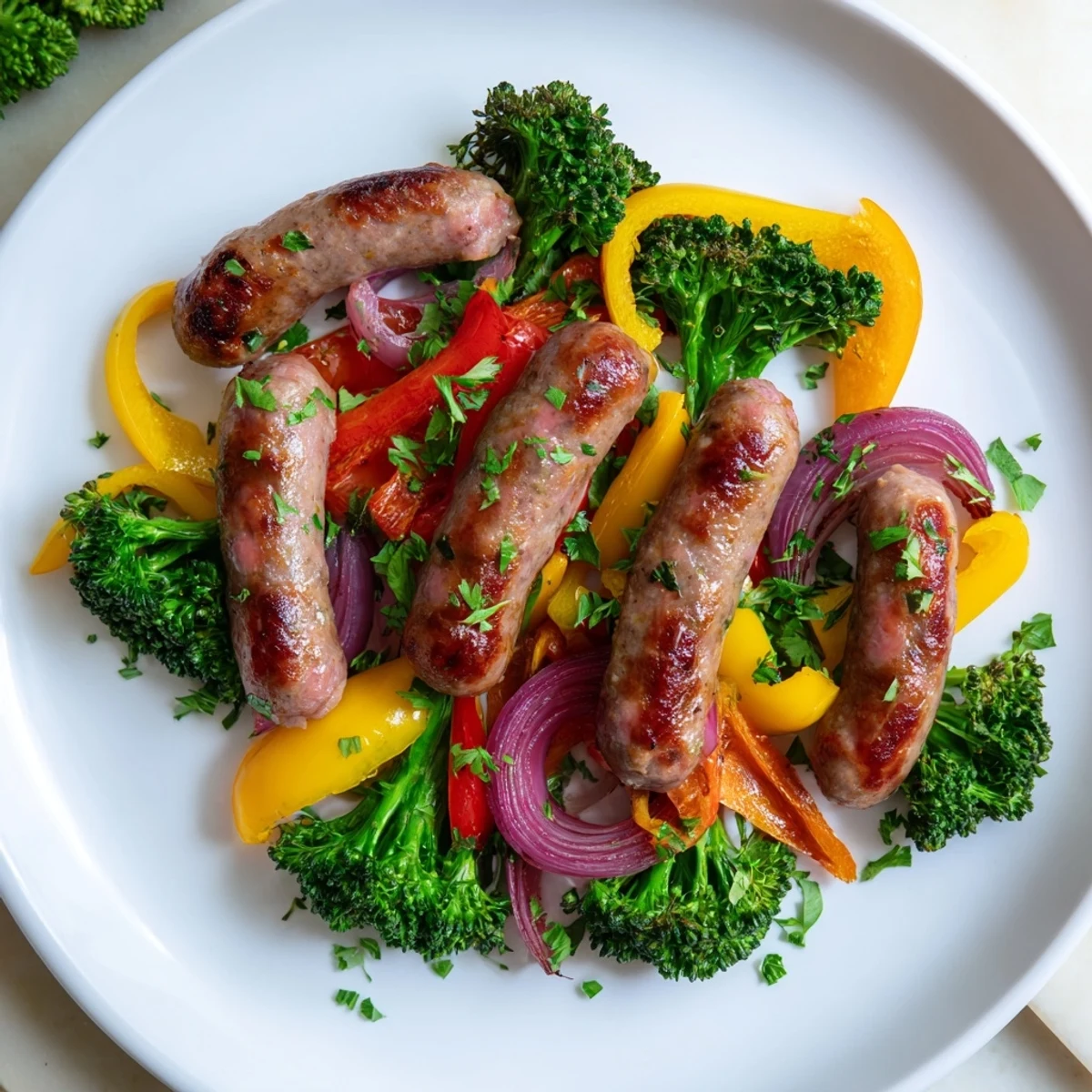 Rustic sheet-pan sausage, broccoli, and bell peppers, roasted until golden, ready for a delicious family dinner.
