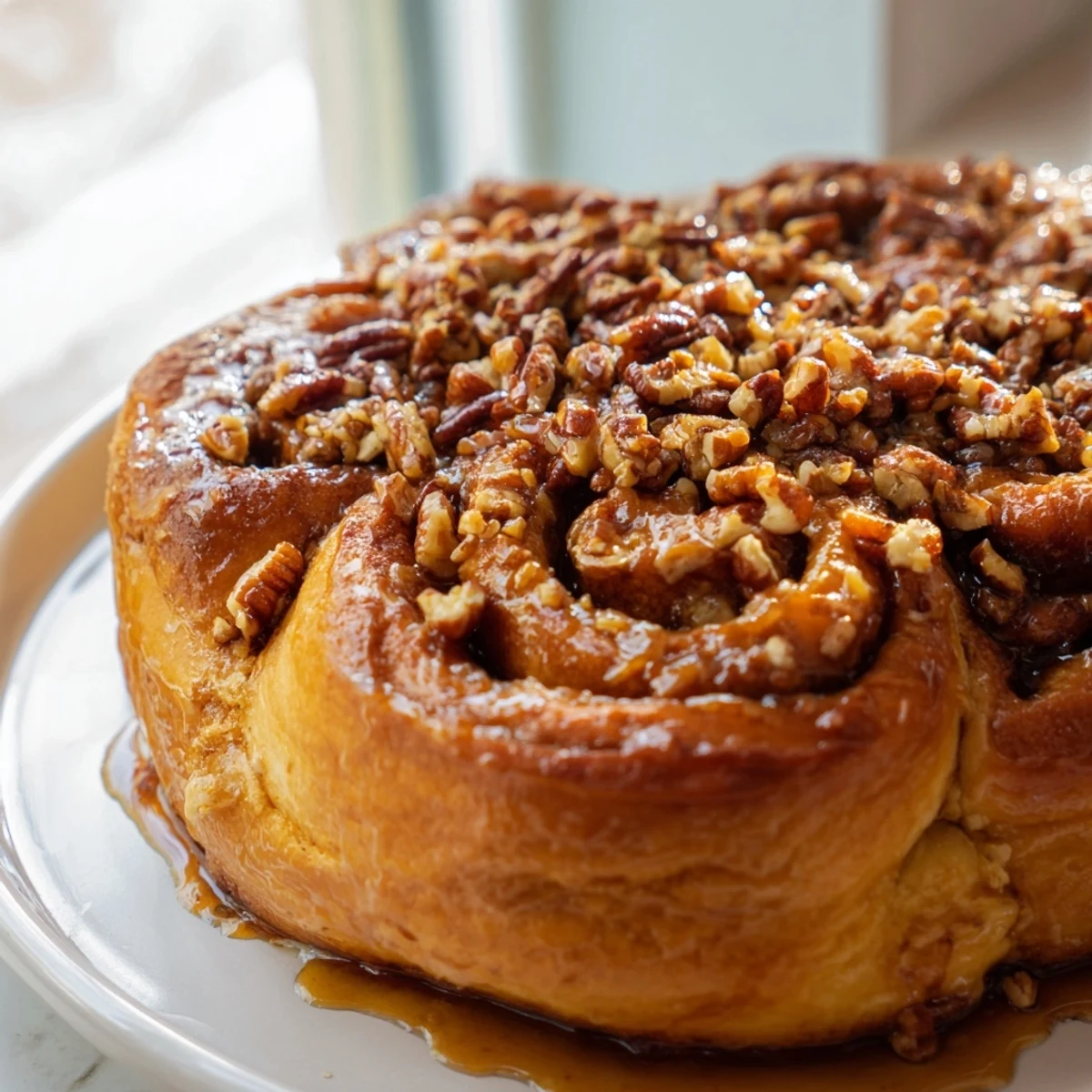 Warm steam rising from freshly baked Maple Pecan Sticky Buns, inviting you with cinnamon and maple aromas.