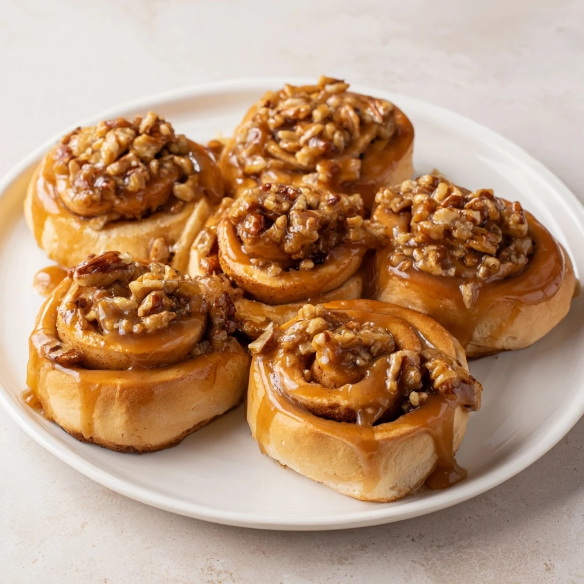 Golden, sticky Maple Pecan Sticky Buns glistening on a serving platter, perfect for a special breakfast.