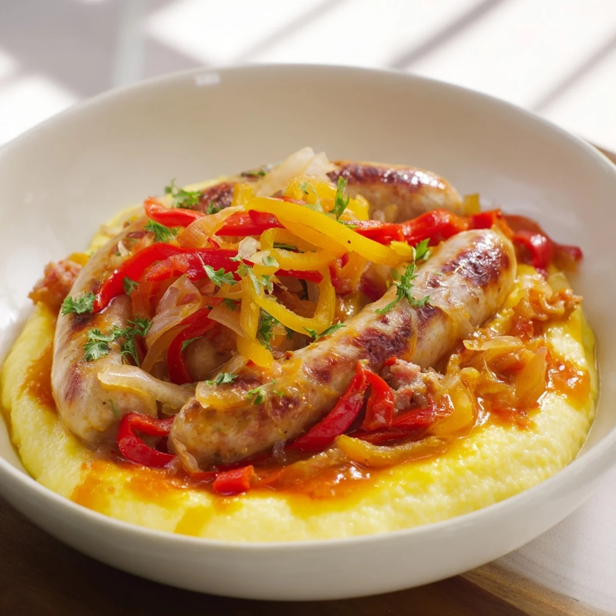 Sizzling Herb-Cozy Skillet Sausage and Peppers atop a bed of creamy, golden polenta, ready to eat.
