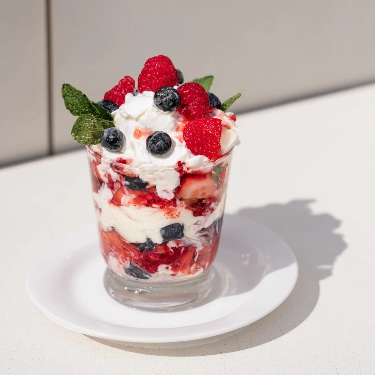 Fresh, layered Berry Parfait with creamy whipped topping, a beautiful and simple dessert.