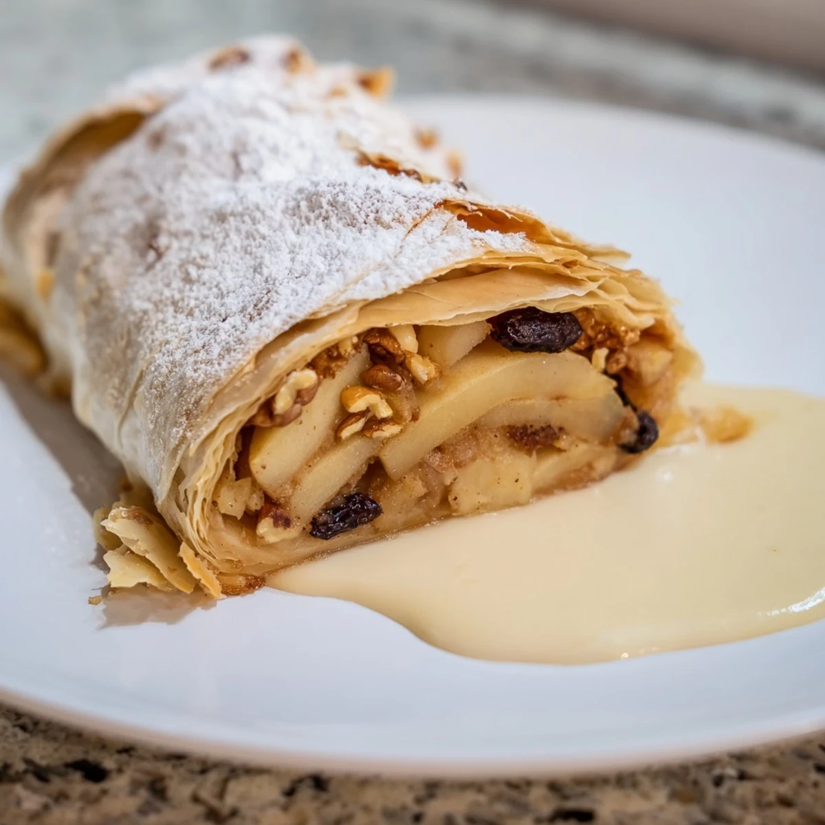 Warm apple strudel with flaky crust, golden brown, served with creamy, homemade vanilla sauce.