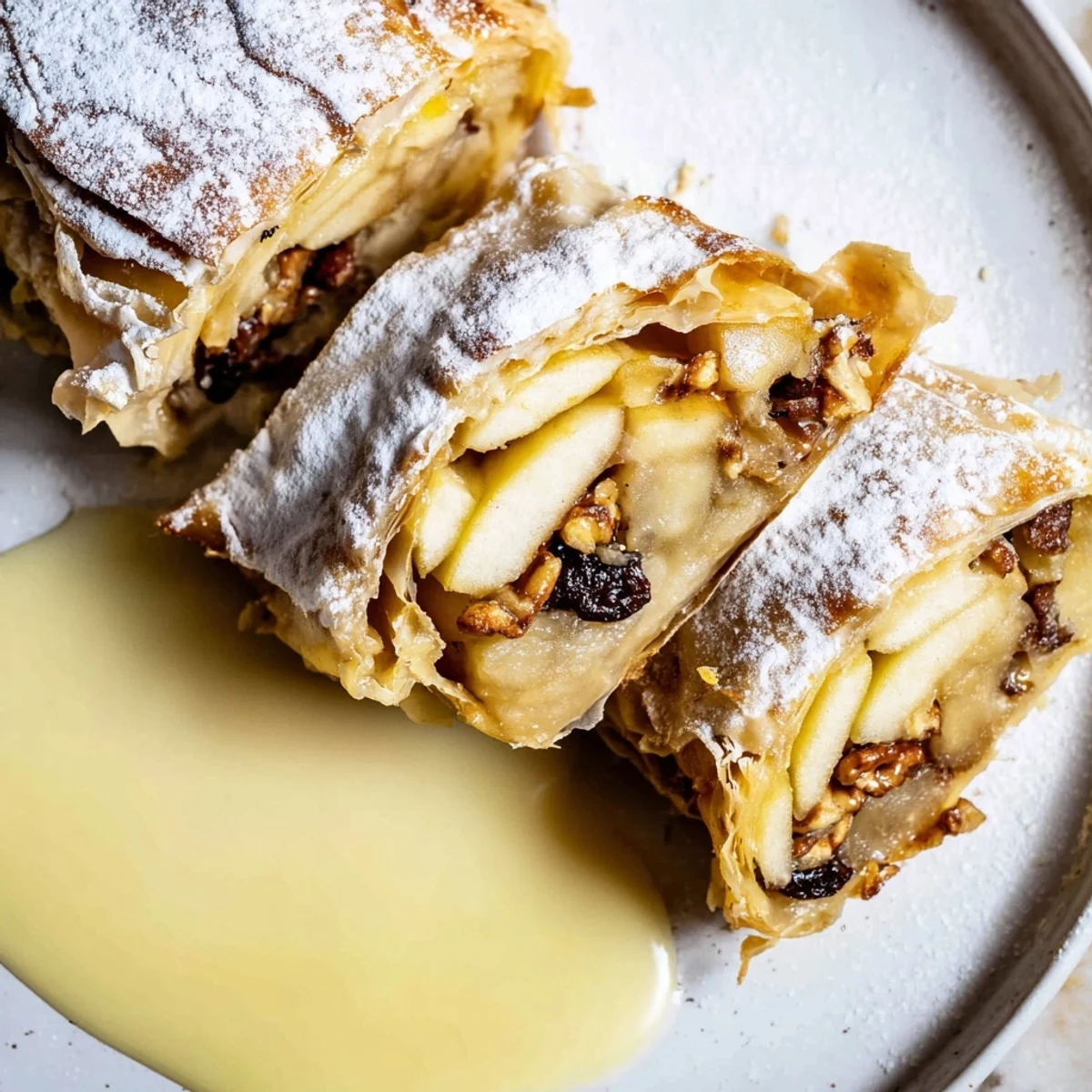 A beautiful close-up of freshly baked apple strudel dusted with powdered sugar, ready to serve.