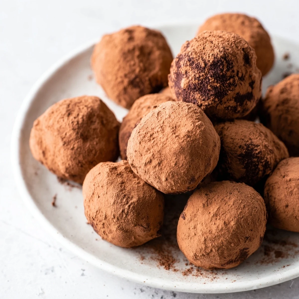 Perfectly round, cocoa-dusted dark chocolate truffles, a luxurious dessert made with cream and butter.