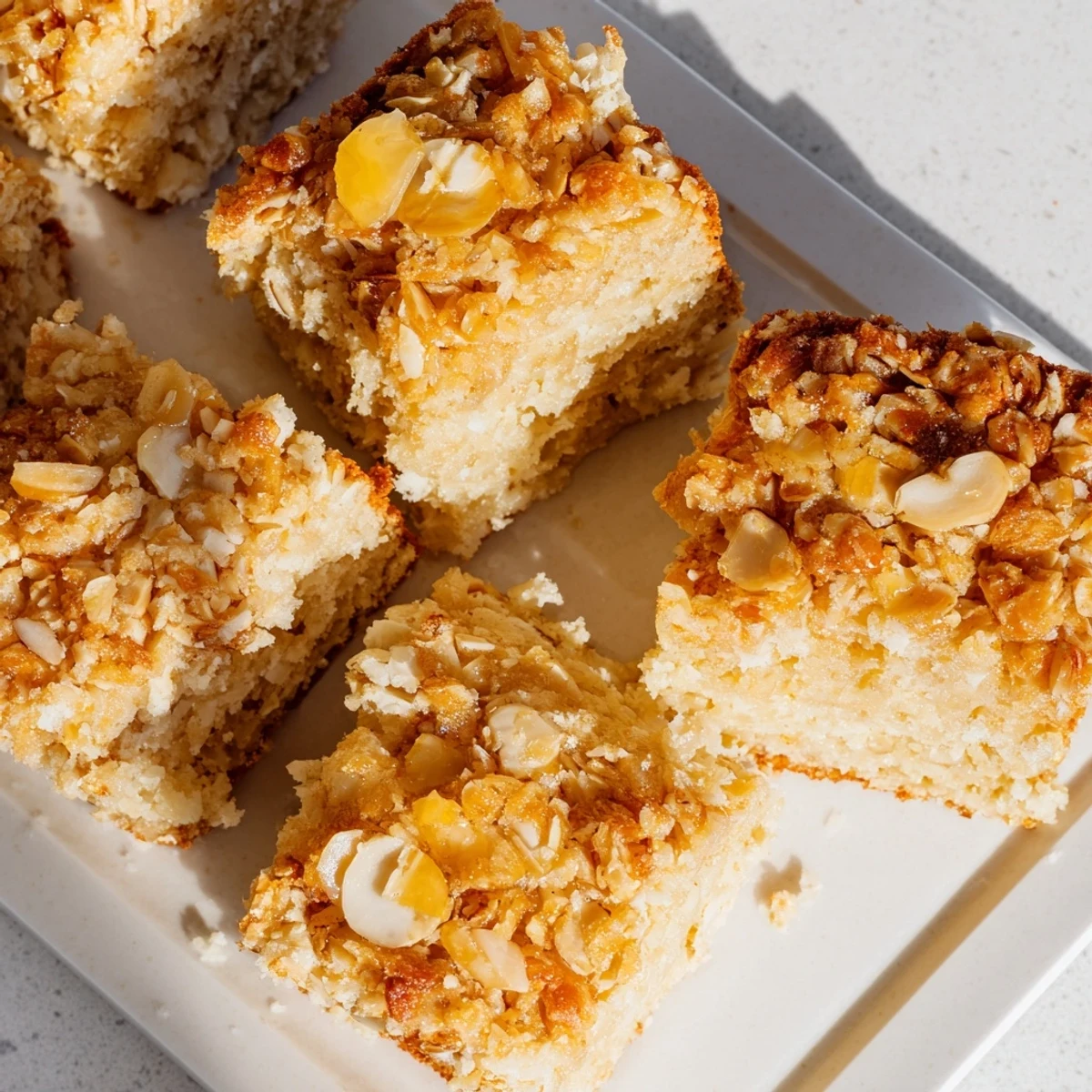 Golden hazelnut and honey cake squares, drizzled with honey, ready to enjoy as a light dessert.