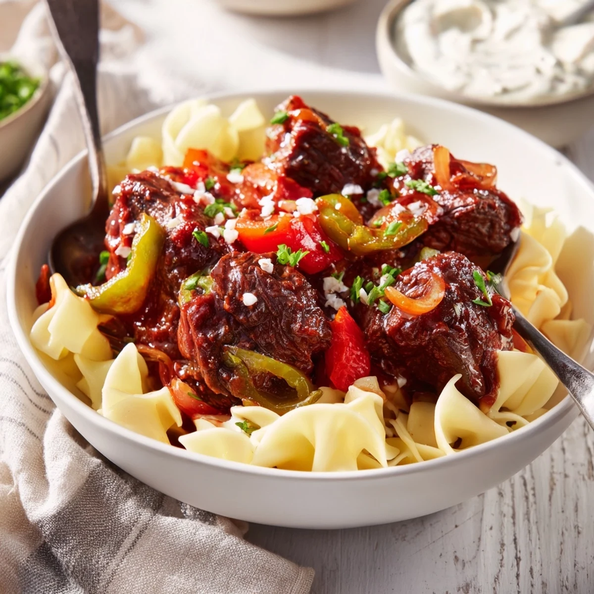 A steaming bowl of Hungarian Goulash, rich and savory, over a bed of golden egg noodles.