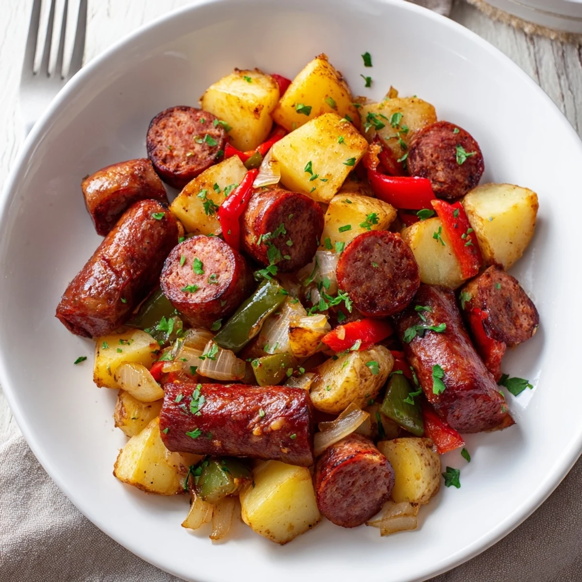 Smoky kielbasa and cabbage hash in a rustic skillet, a hearty Midwest-inspired dish.
