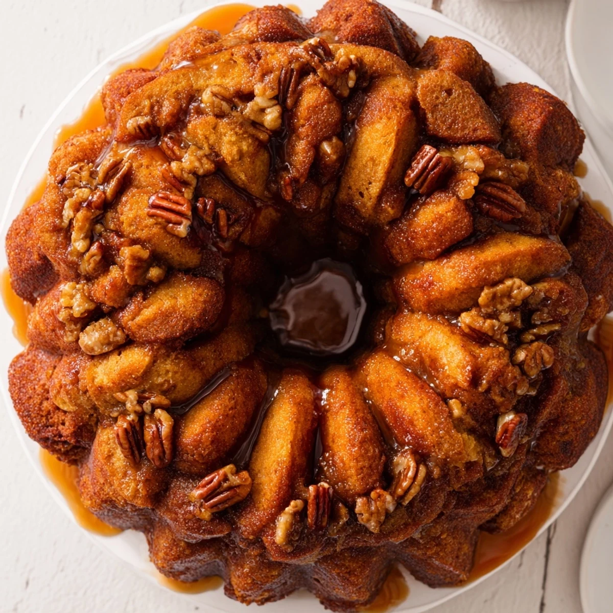 Golden-brown Cinnamon Roll Monkey Bread, perfectly pull-apart, glistening with caramel and icing.