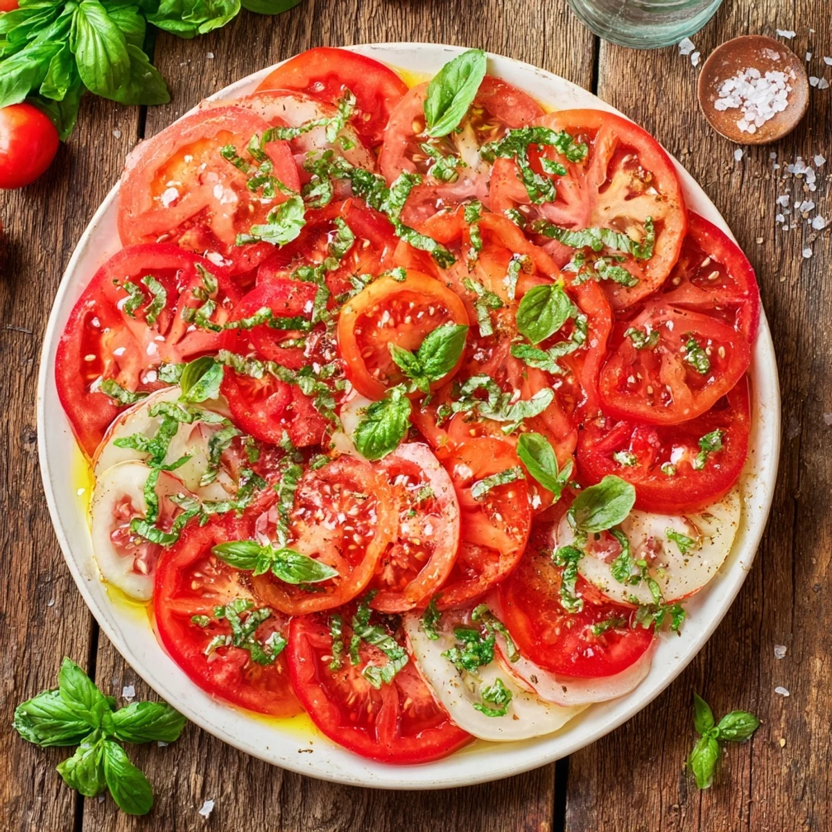 Vibrant Caprese salad with lush tomatoes, mozzarella drizzled in fresh basil vinaigrette, ready to serve.