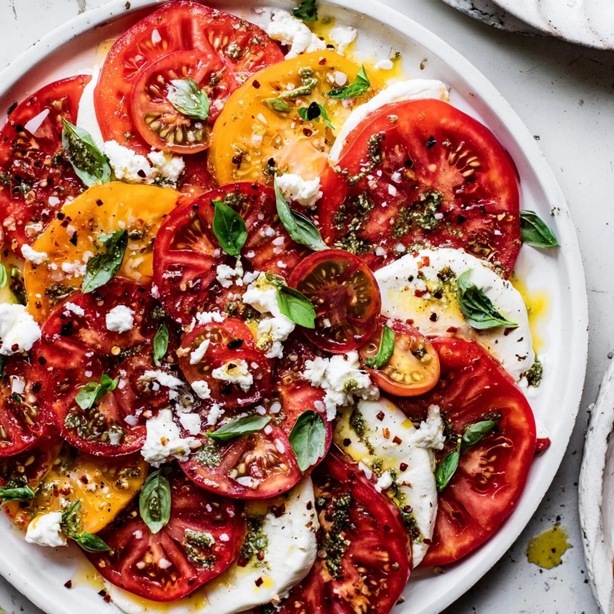 A close-up of Caprese salad showcases juicy tomatoes and creamy mozzarella, topped with basil leaves.