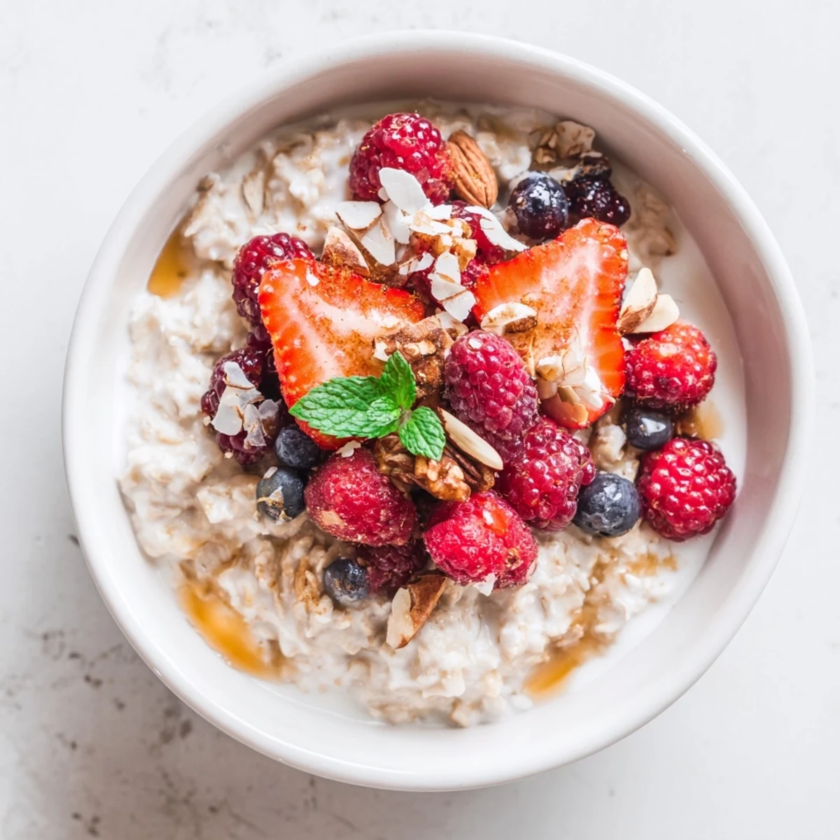 Creamy overnight oats with berries and honey, a refreshing breakfast, topped with vibrant, fresh fruit.