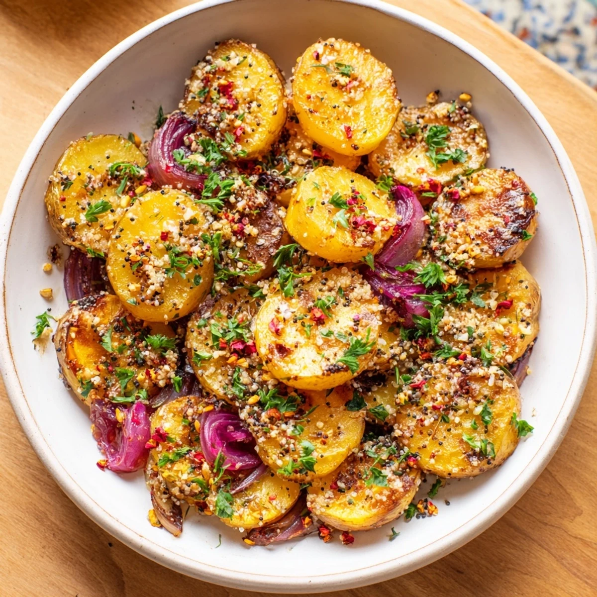 A visually appealing Warm Herb Bowl, showcasing vibrant roasted root vegetables with fragrant herbs and grains.
