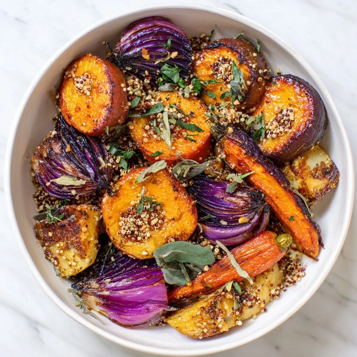 Golden roasted Warm Herb Bowl featuring root vegetables, aromatic thyme, and fresh tarragon, ready to savor.