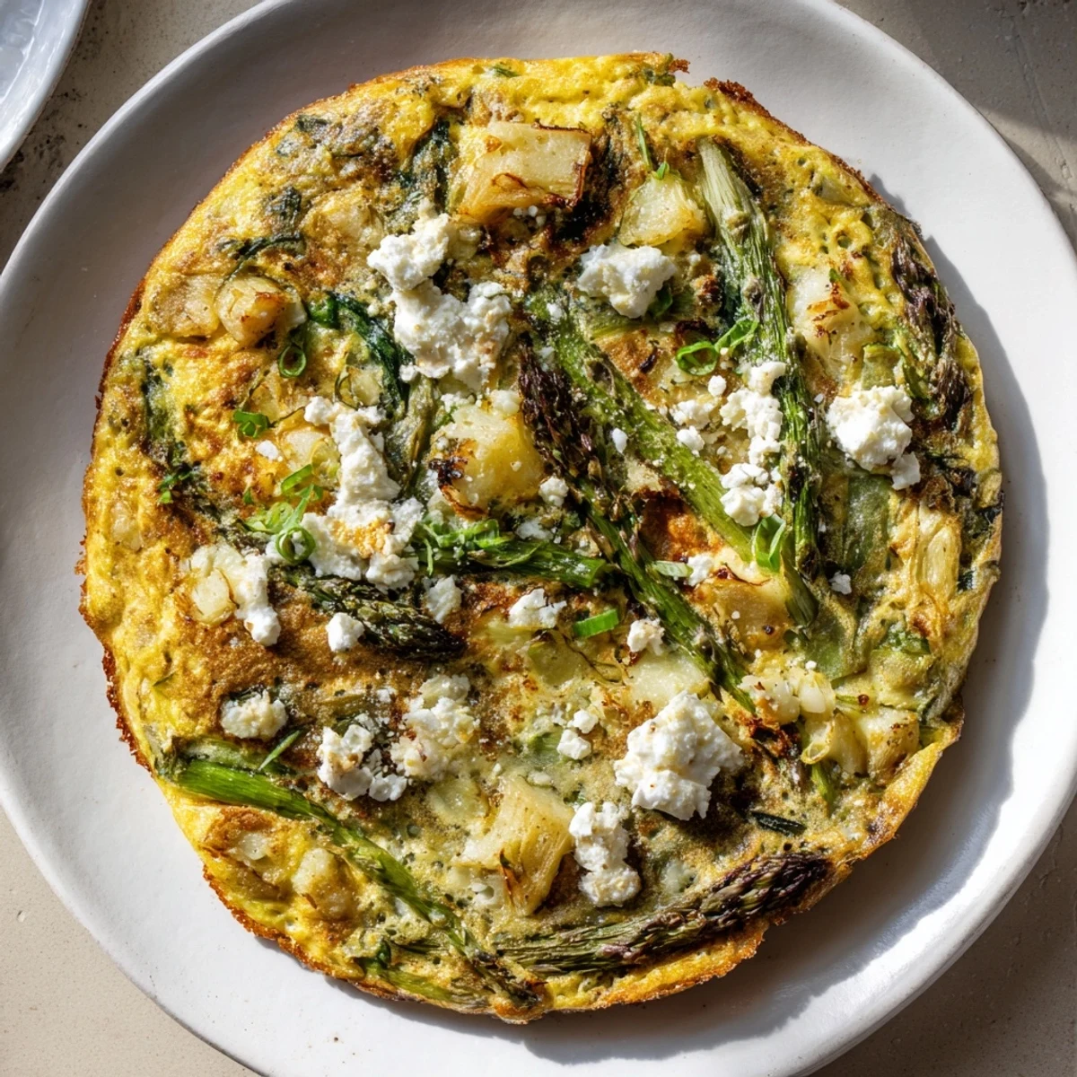 Golden-brown Meadow-Soft Cozy Plate: Frittata with vibrant spring greens and creamy goat cheese.