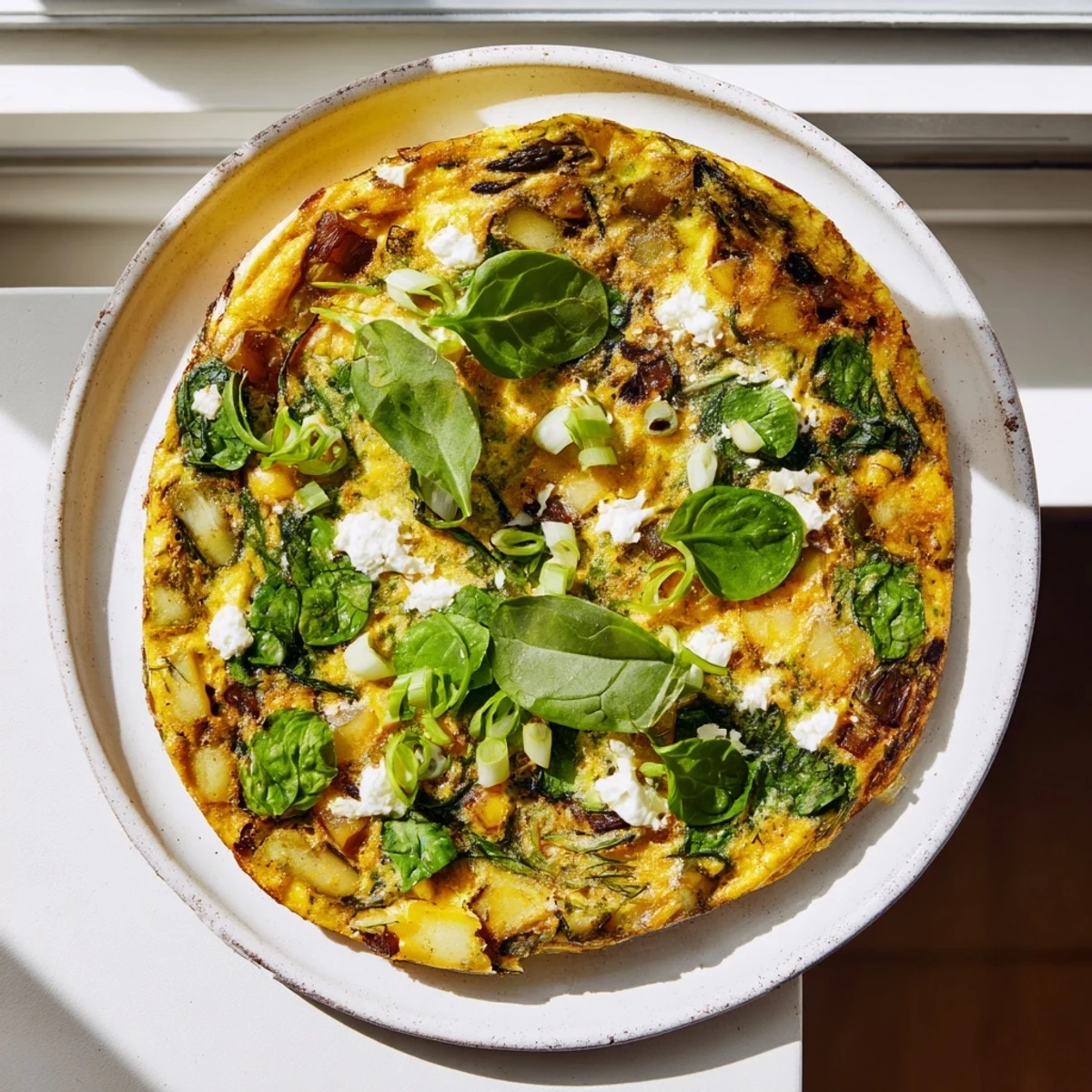 A freshly baked Meadow-Soft Cozy Plate: Frittata, featuring flaky crust and herb-filled spring ingredients.