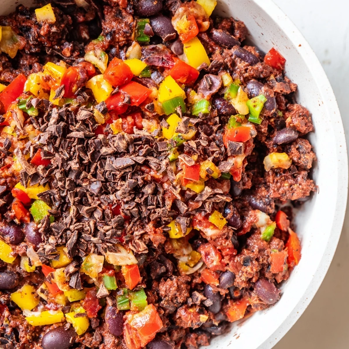 A steaming bowl of one-pot cozy chocolate chili, filled with rich ground beef and cocoa nibs.