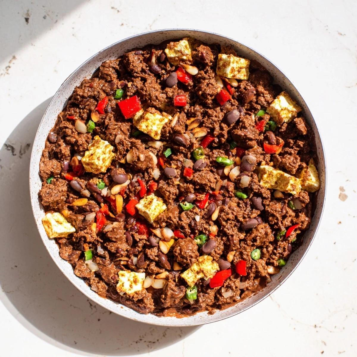 This photo shows a hearty pot of one-pot chocolate chili, perfect for a warming weeknight meal.