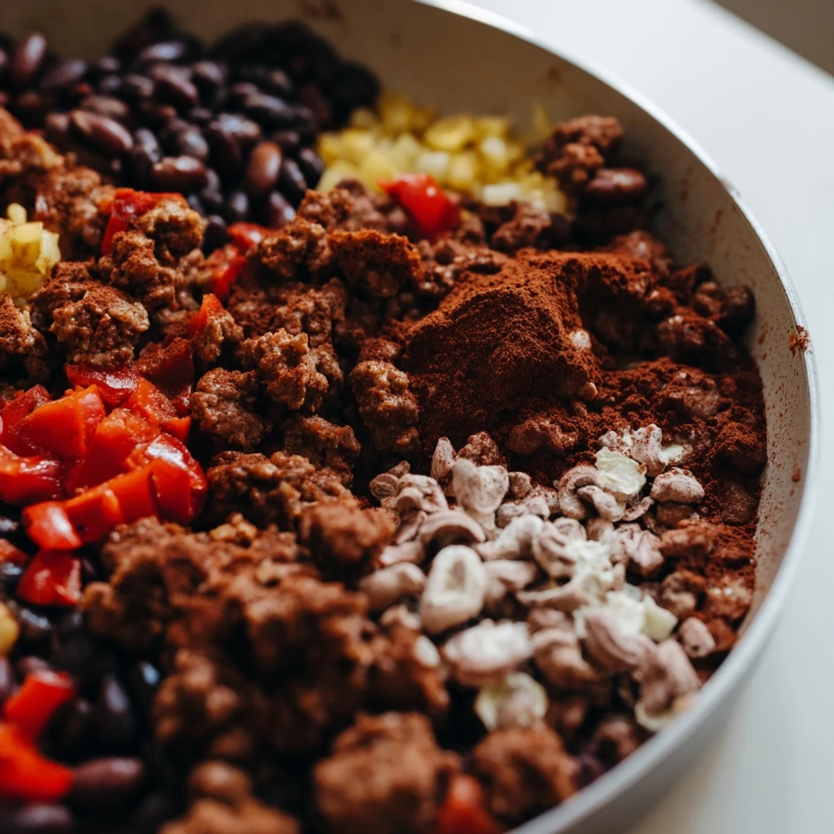 Garnished one-pot chocolate chili with visible beans, ready to serve, offers a blend of savory and chocolate flavors.