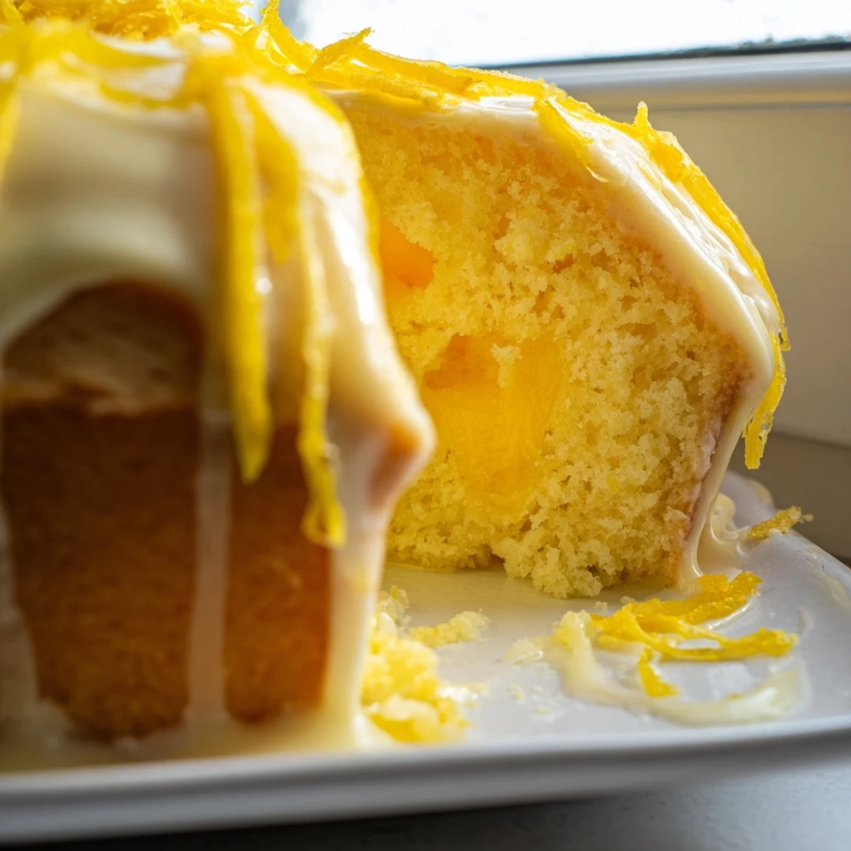 Fluffy, iced lemon loaf cake slice shows a moist crumb and rich citrus aroma.