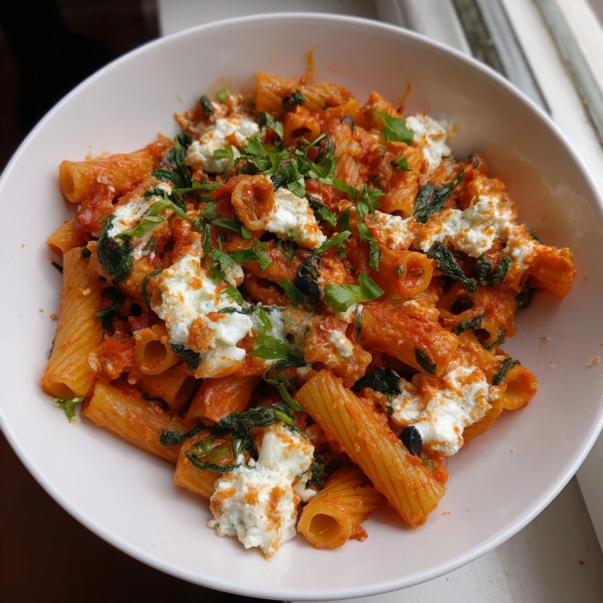 This Olive-Warm Baked Ziti features tender ziti pasta, creamy ricotta, and a perfect, cheesy topping.