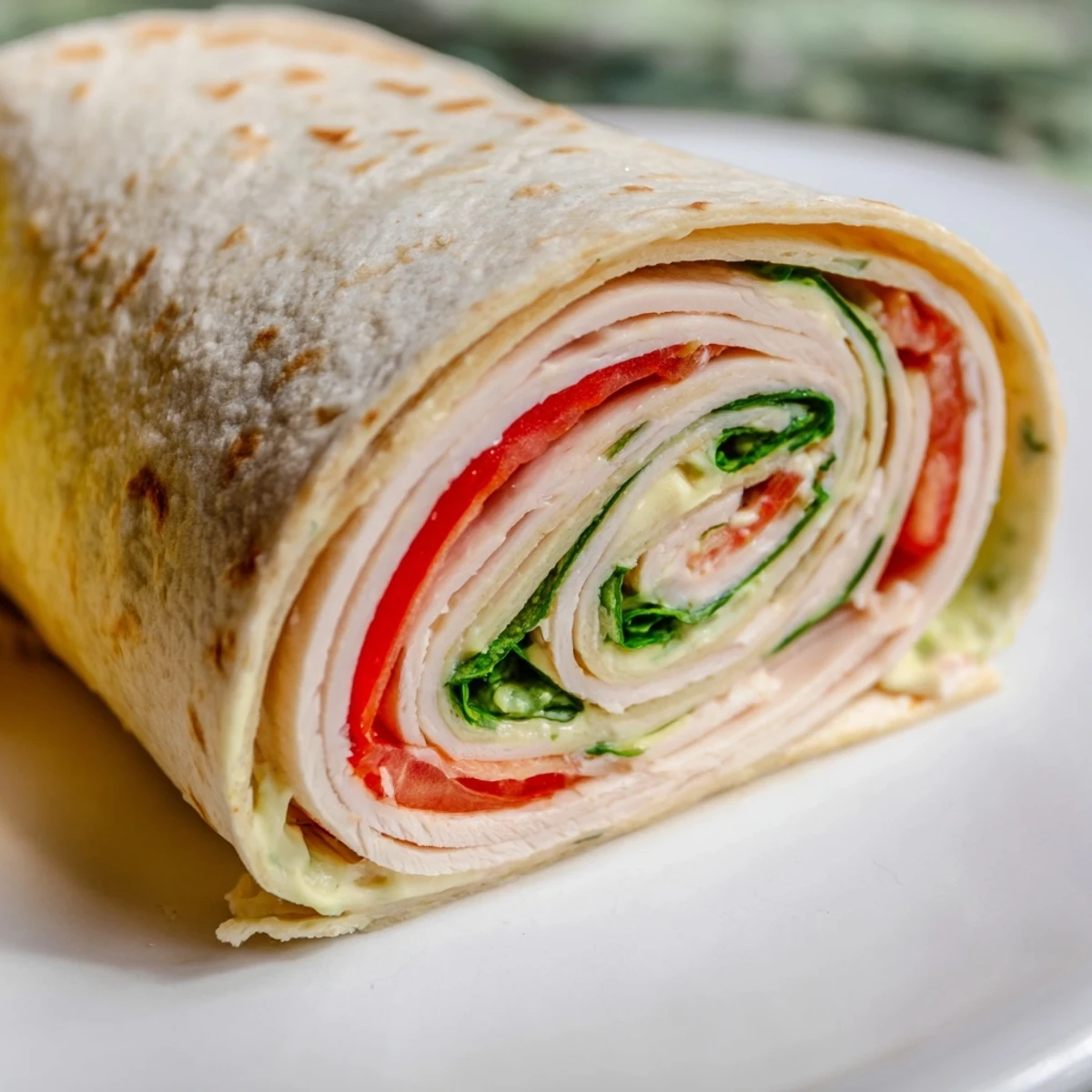 Sliced turkey and provolone pinwheels, a quick appetizer ready in minutes with fresh spinach.