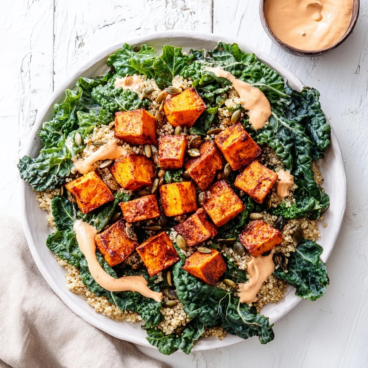 Vibrant Light Coastal Bowl with fluffy quinoa, roasted sweet potatoes, and luscious kale topped with dressing.