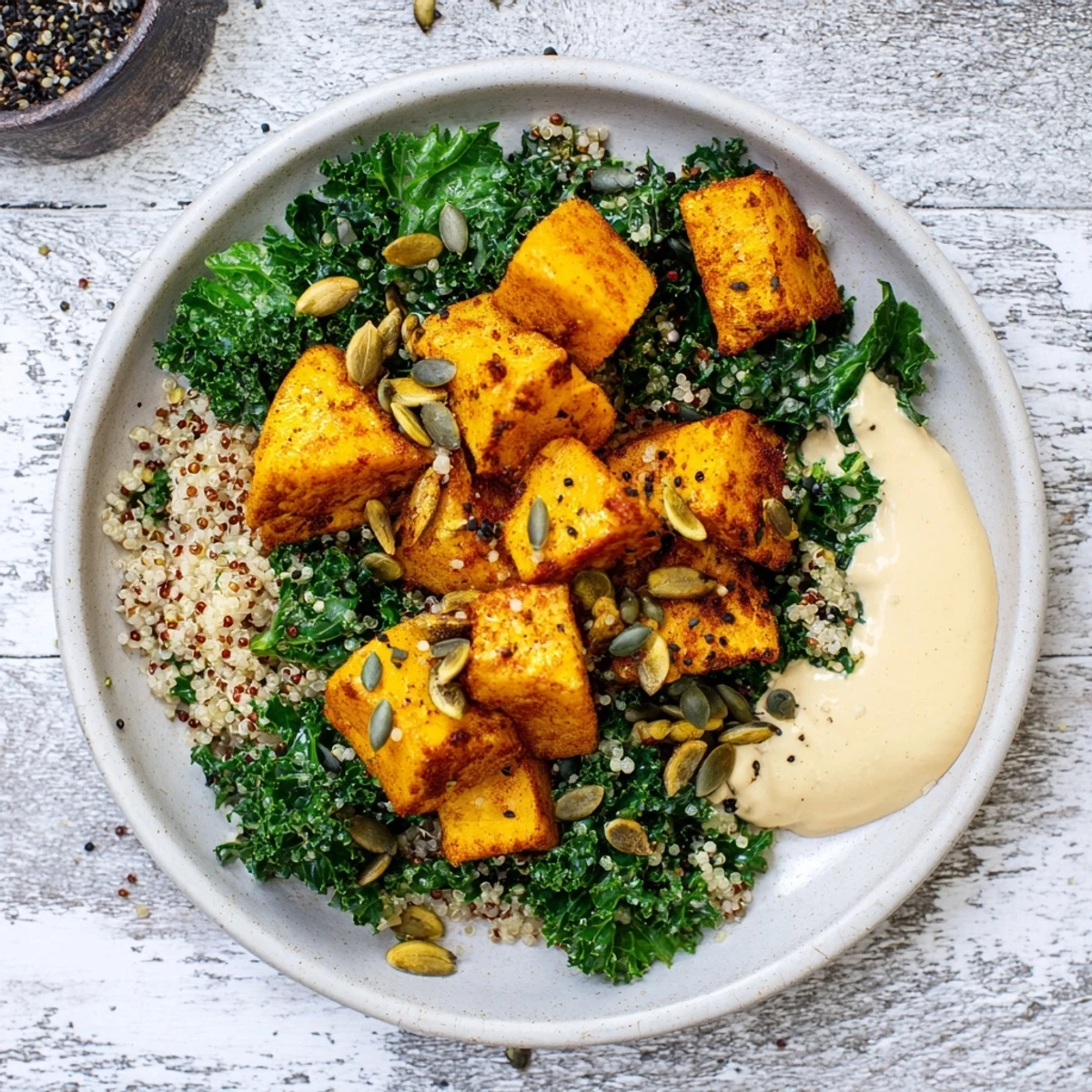 Golden roasted sweet potatoes alongside the fresh kale in this beautiful Light Coastal Bowl.