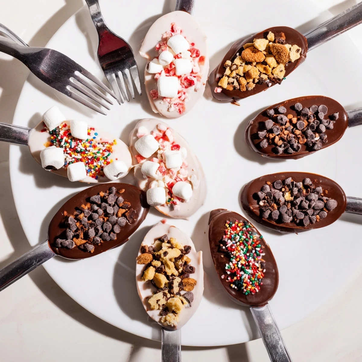 Melted chocolate hot chocolate spoon toppings board, adorned with mini marshmallows and crushed peppermint.