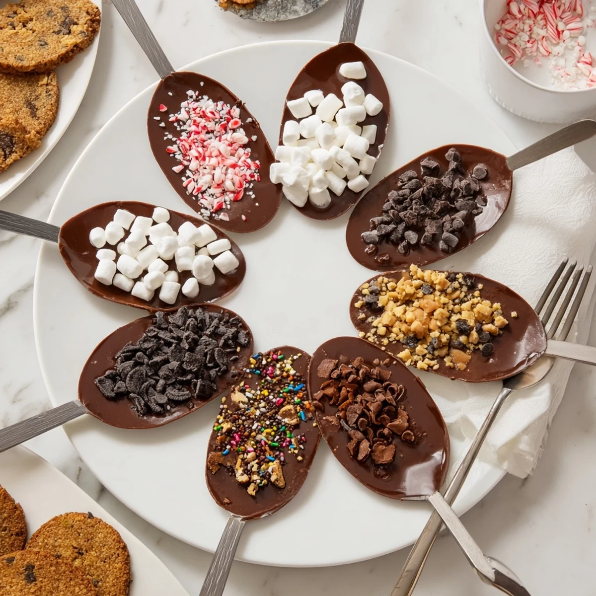 A festive hot chocolate spoon toppings board offers delicious dipping options for warm winter drinks.