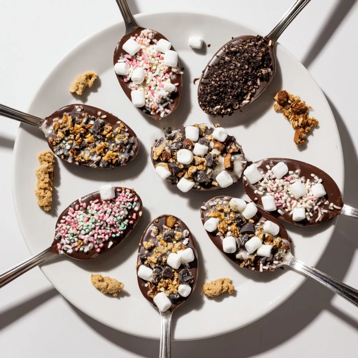 Delightful close-up showcasing a hot chocolate spoon toppings board with various festive treats.
