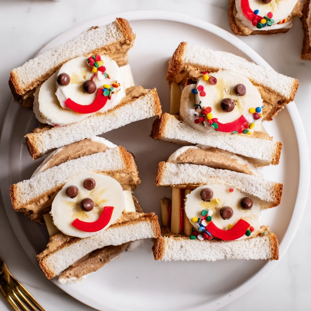Gingerbread man sandwich cutouts with cream cheese filling, decorated with apple slices and raisins.