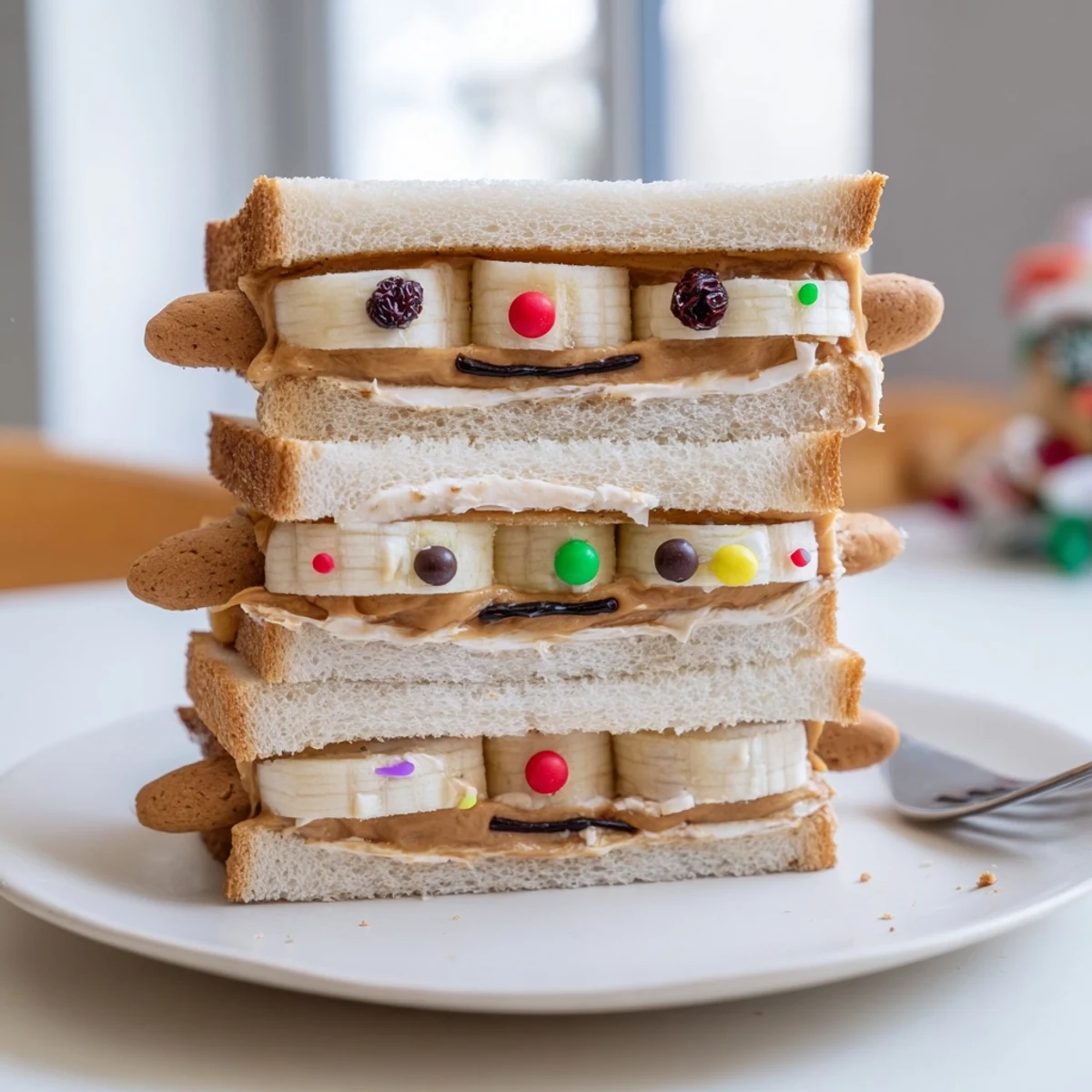 Festive gingerbread man sandwich cutouts with honeyed cream cheese, a fun and easy kid's snack.