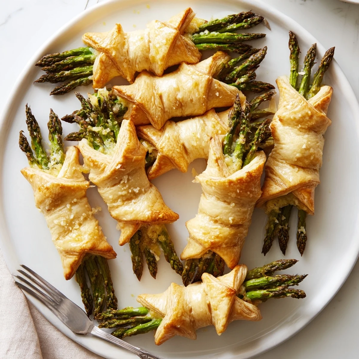 Visualize crispy Star Shaped Asparagus Bundle Wraps, perfect for spring, with flaky pastry wrapping asparagus.