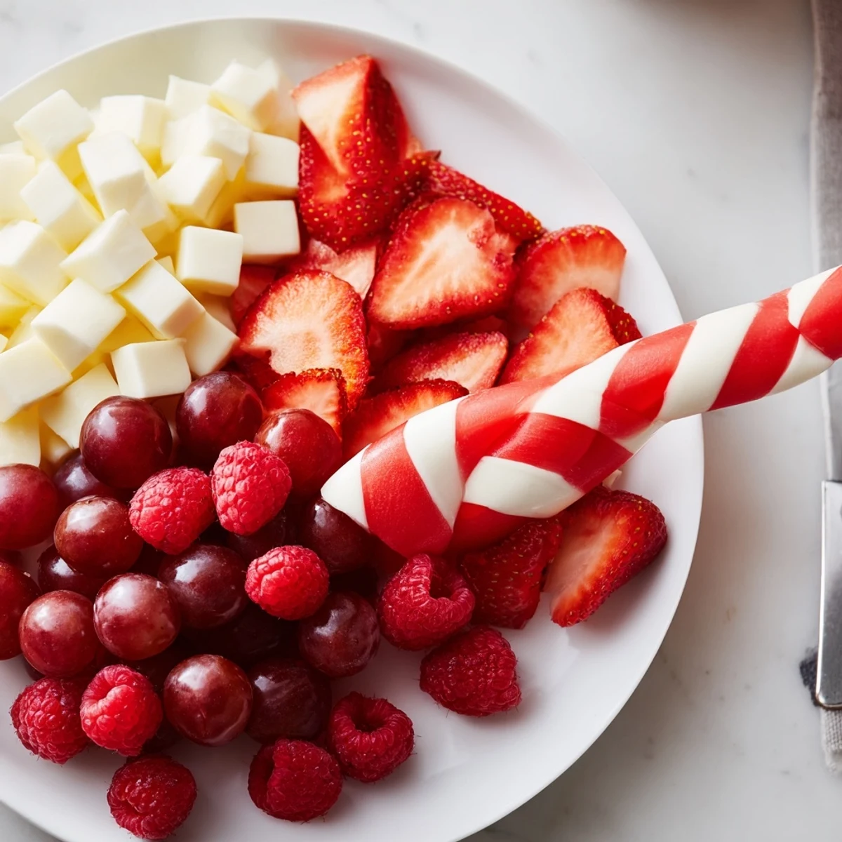 A stunning Candy Cane Stripe Fruit and Cheese platter showing layers of fresh fruit and cheese ready to serve.