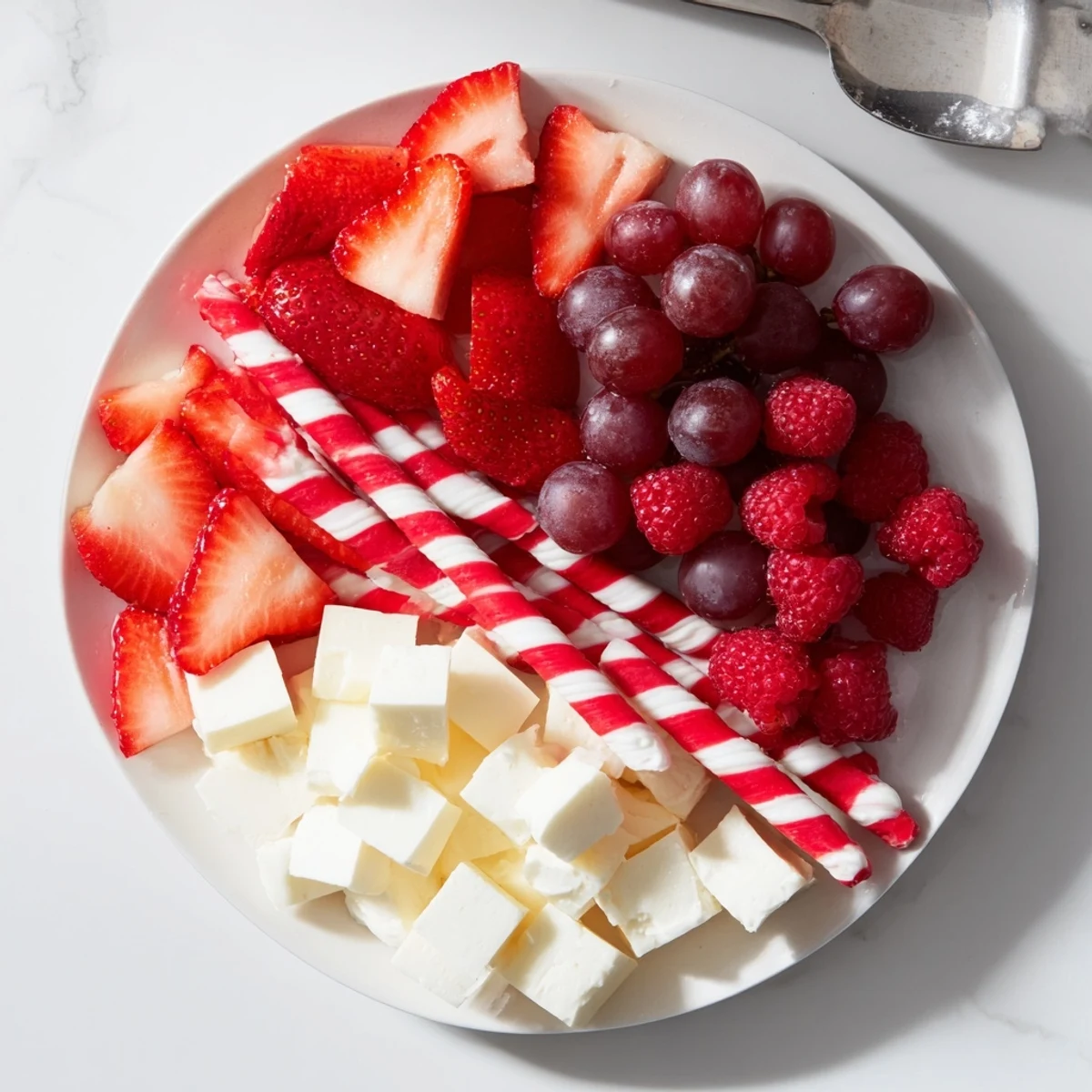 Vibrant Candy Cane Stripe Fruit and Cheese appetizer with red berries, grapes, and creamy cheeses arranged beautifully.