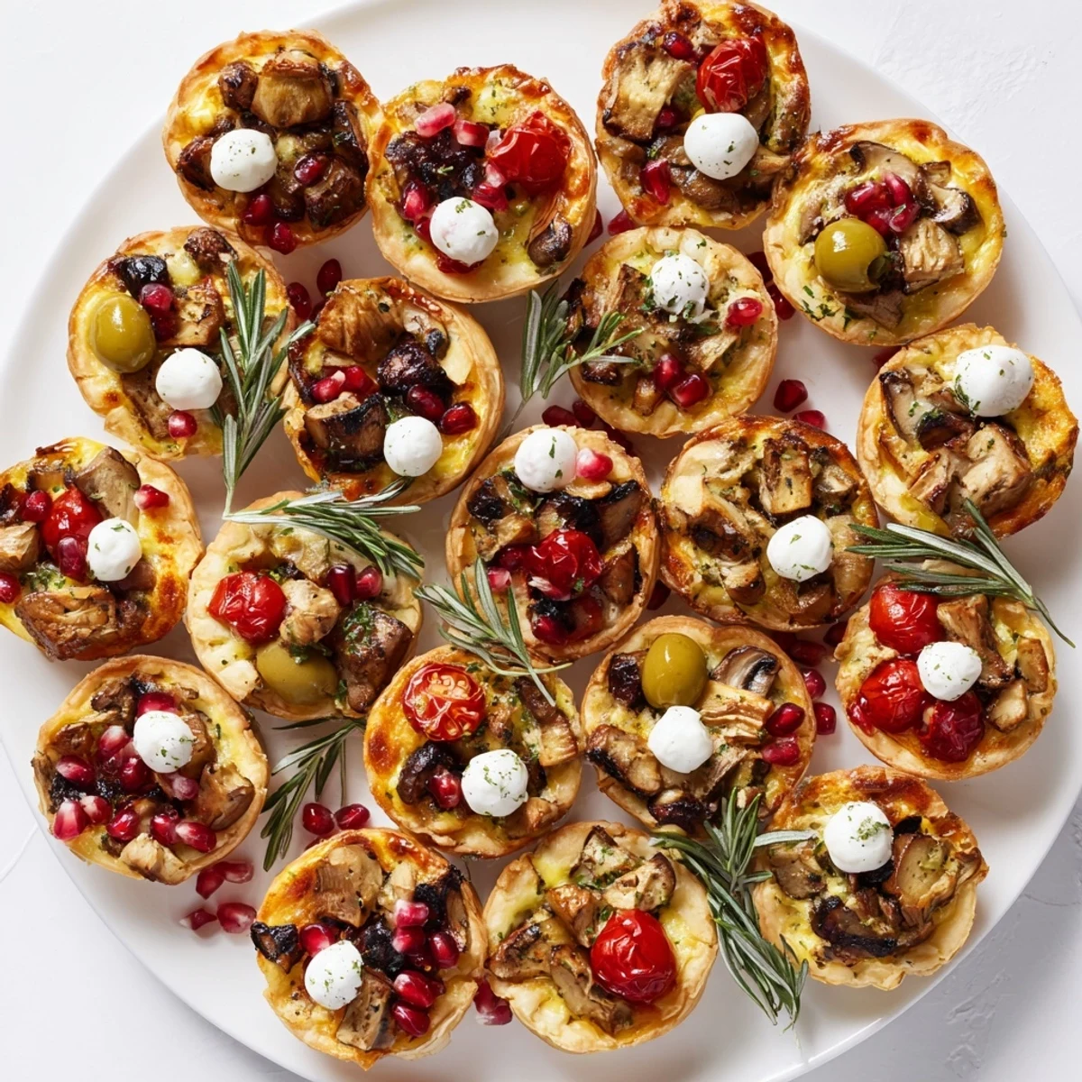 A holiday village board displays golden-brown Mini Quiche, perfect for festive appetizer spreads.