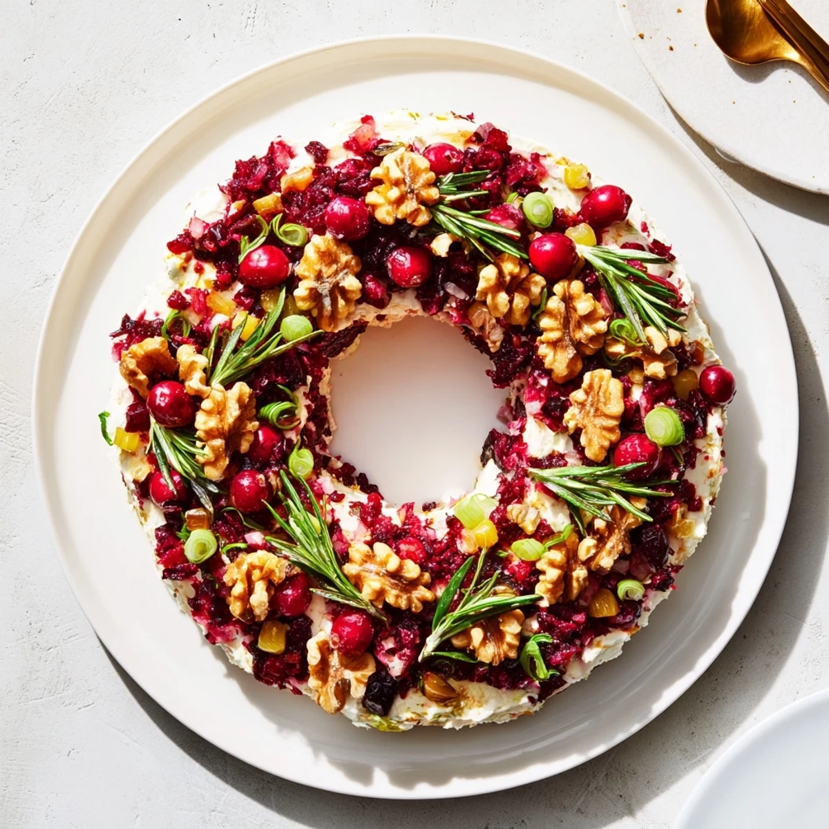 Vibrant Cranberry Feta Dip Wreath decorated with fresh rosemary, a beautiful holiday appetizer.