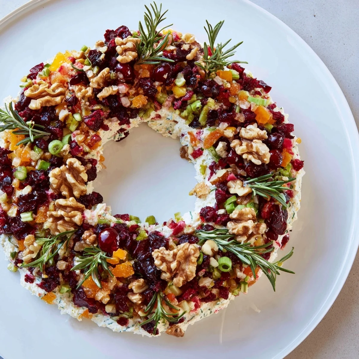 Creamy feta and cranberry dip wreath adorned with nuts, ready to serve with crackers.