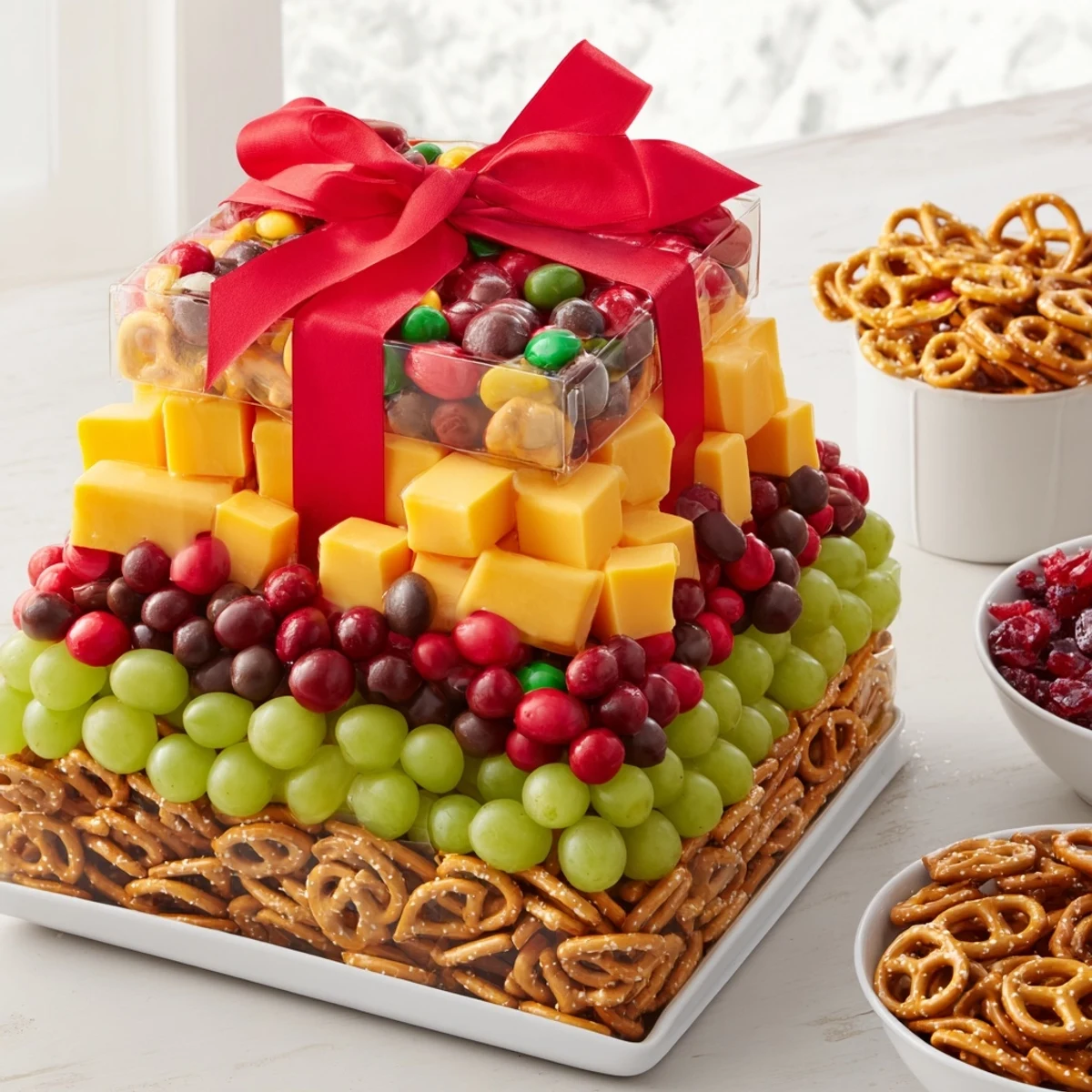 Festive Stacked Christmas Gift Snack Tower, showcasing layers of colorful, tempting treats ready for holiday enjoyment.