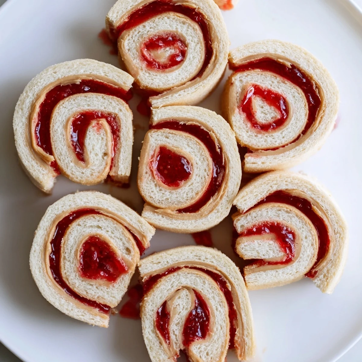 Quartered PB&J pinwheel rolls, showing brightly colored fruit jelly swirling inside the soft bread.