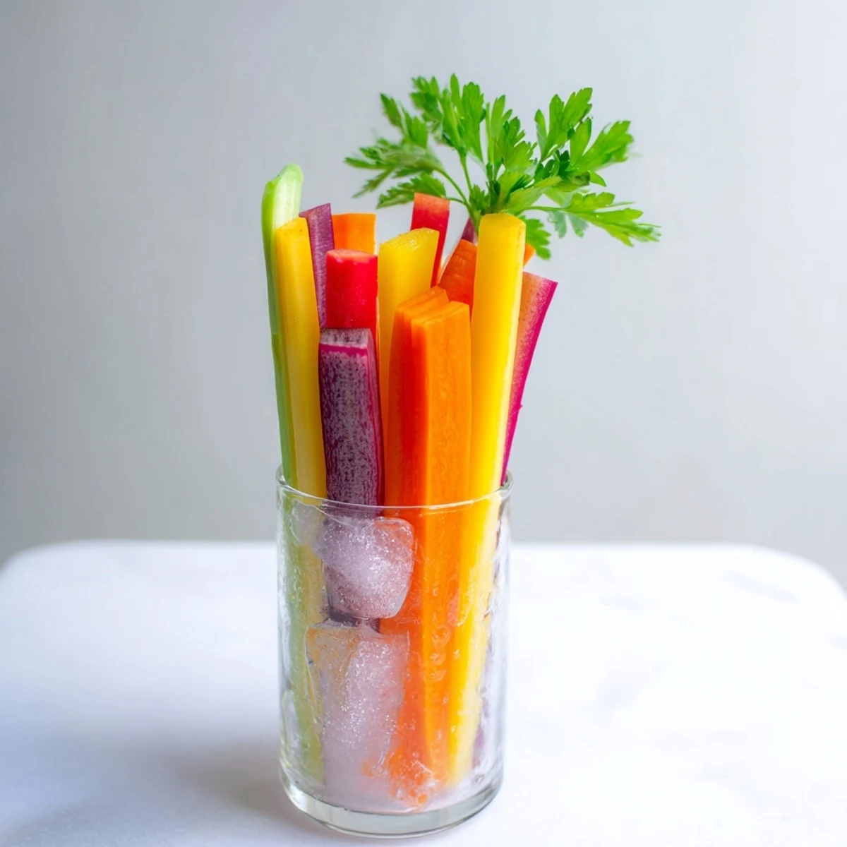 Rainbow carrot sticks in elegant glasses, a refreshing crudités appetizer bursting with vibrant colors.