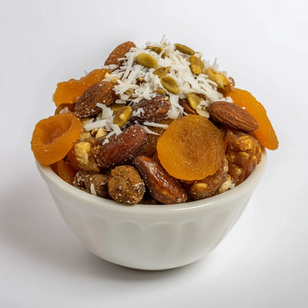 Pile of Almonds and Dried Apricots: A colorful snack with sweet apricots and toasted almonds, ideal as a healthy bite.