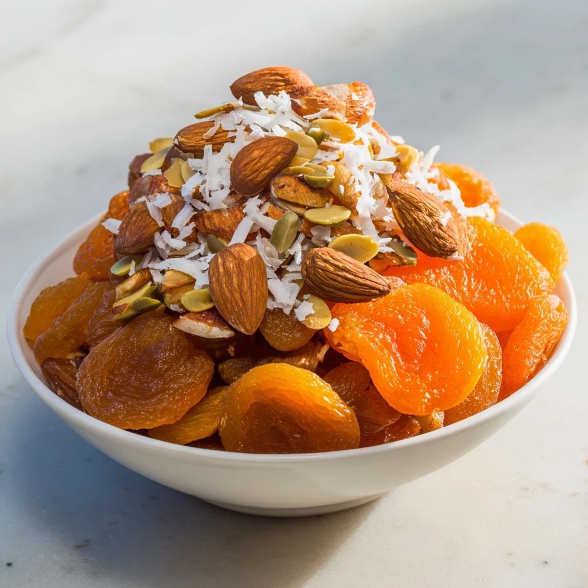 Almonds and Dried Apricots: View of a simple, beautiful pile—a quick and easy snack recipe to enjoy.