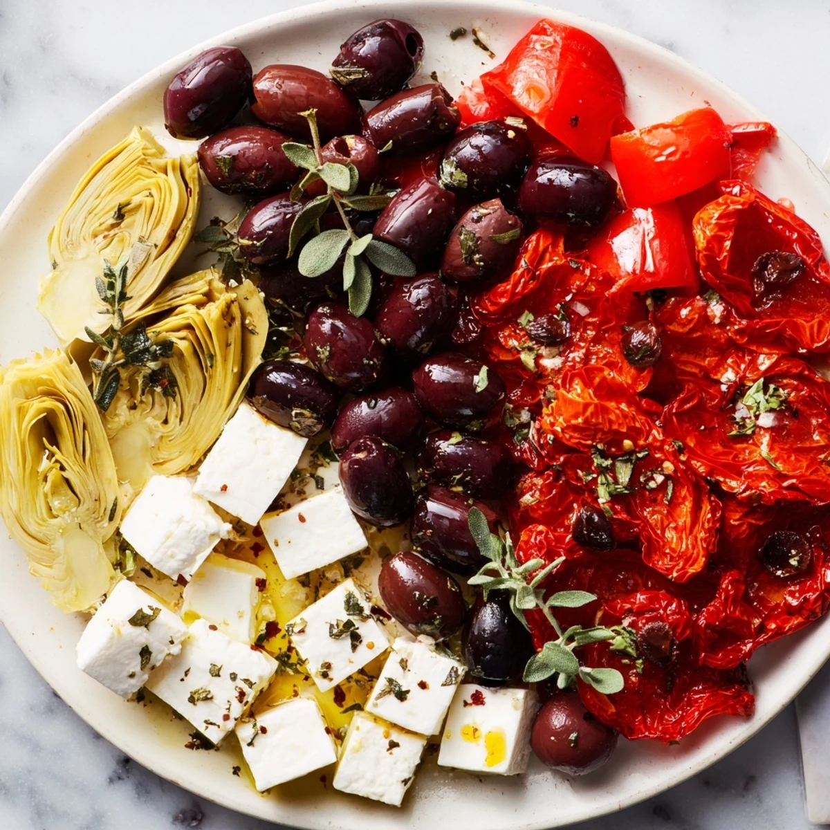 Bright red sun-dried tomatoes and creamy feta alongside the Black Olive and tomato appetizer.