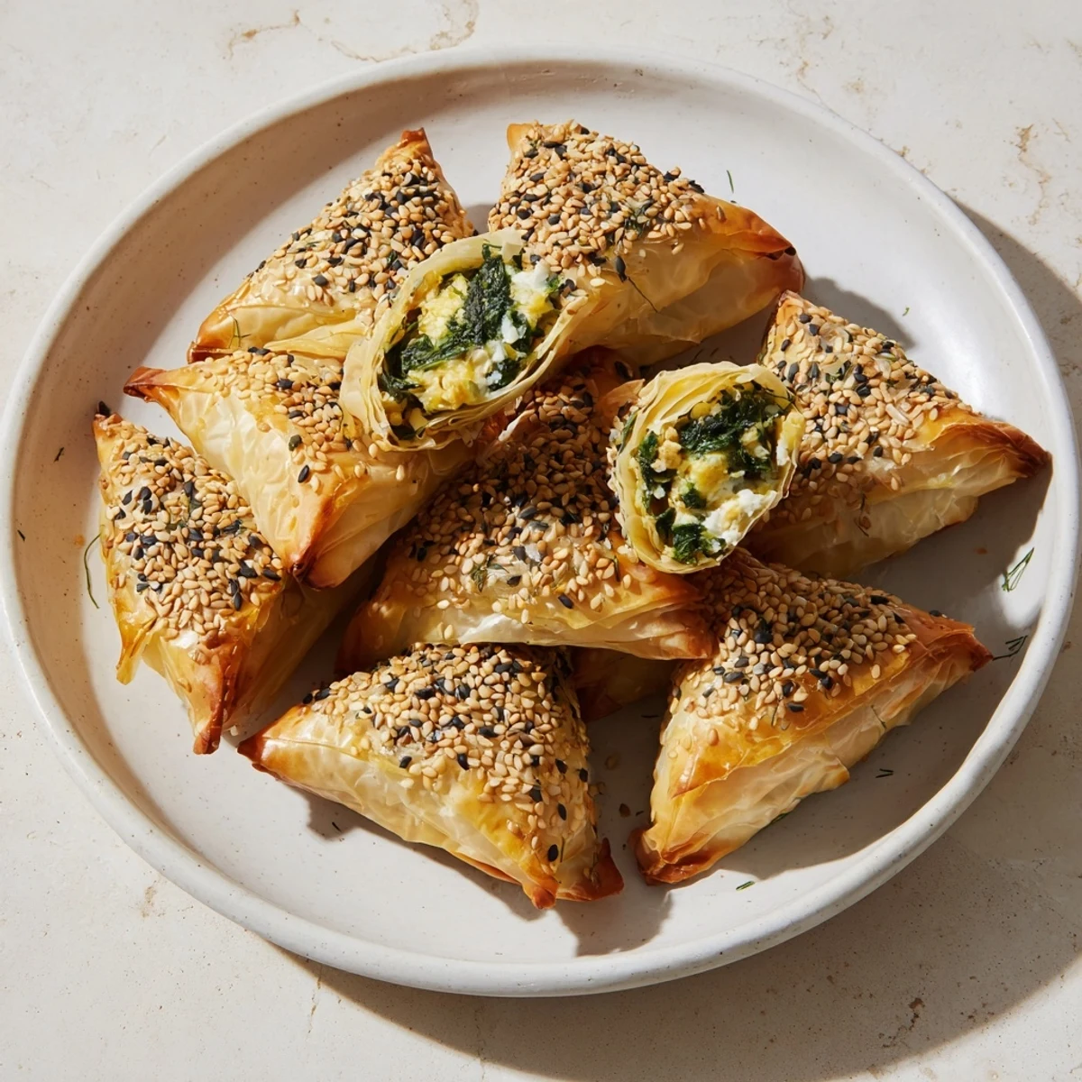 Golden-brown mini Spanakopita triangle cluster, a delicious Greek appetizer, fresh from the oven.