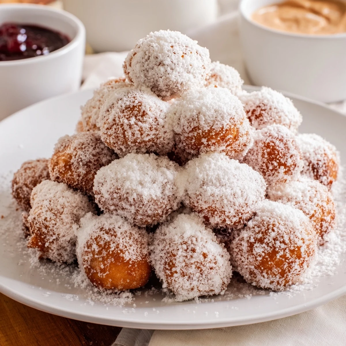 Towering mountain of powdered donut holes, a sweet and delicious American dessert delight for you.