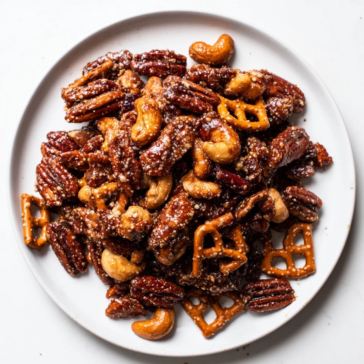 Warm, spiced Sweet and Salty Holiday Nut Bowl; roasted nuts mixed with pretzels and cranberries.