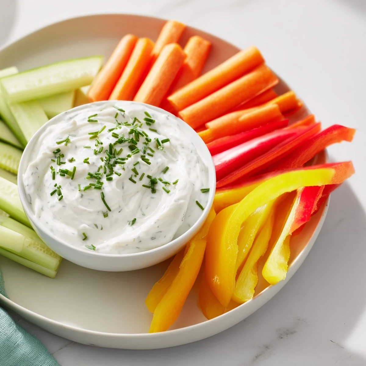 A delightful Kids Dip recipe: a close-up shows smooth dip with crisp, vibrant vegetable dippers.
